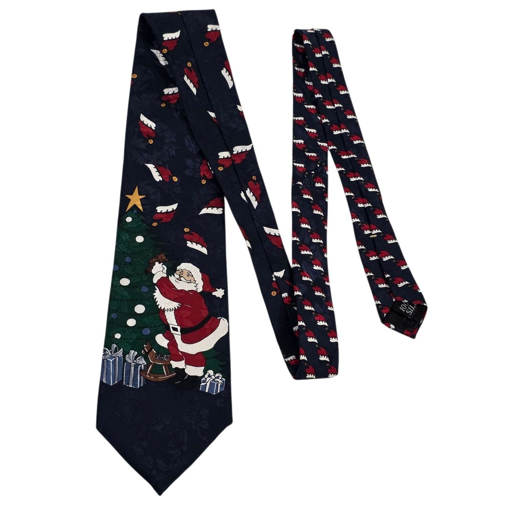 Mens Santa Christmas Tree Silk‎ Necktie Navy Blue Holiday Festive Party Novelty